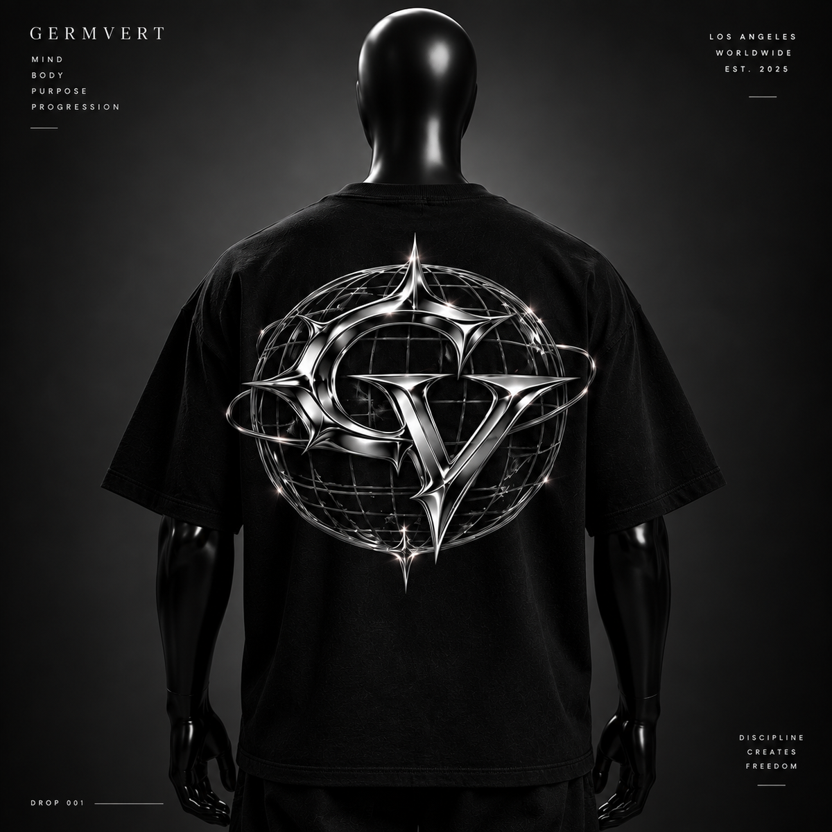 Chrome Globe Tee — full back, large chrome GV globe graphic. Concept render, internal review only.