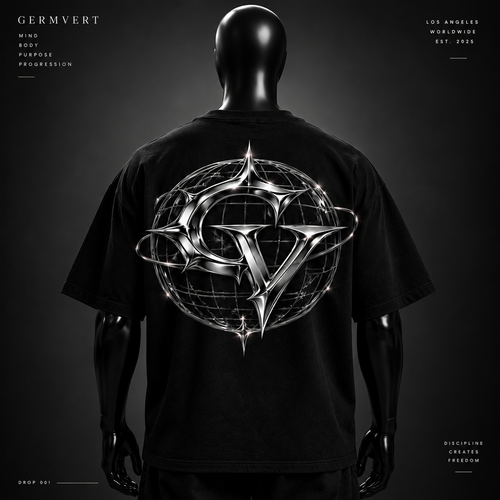 Chrome Globe Tee — full back, large chrome GV globe graphic. Concept render, internal review only.