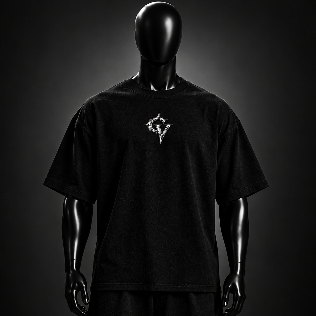 Chrome Globe Tee — front, chrome GV chest mark on black oversized tee. Concept render, internal review only.