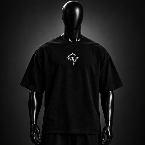 Chrome Globe Tee — front, chrome GV chest mark on black oversized tee. Concept render, internal review only.