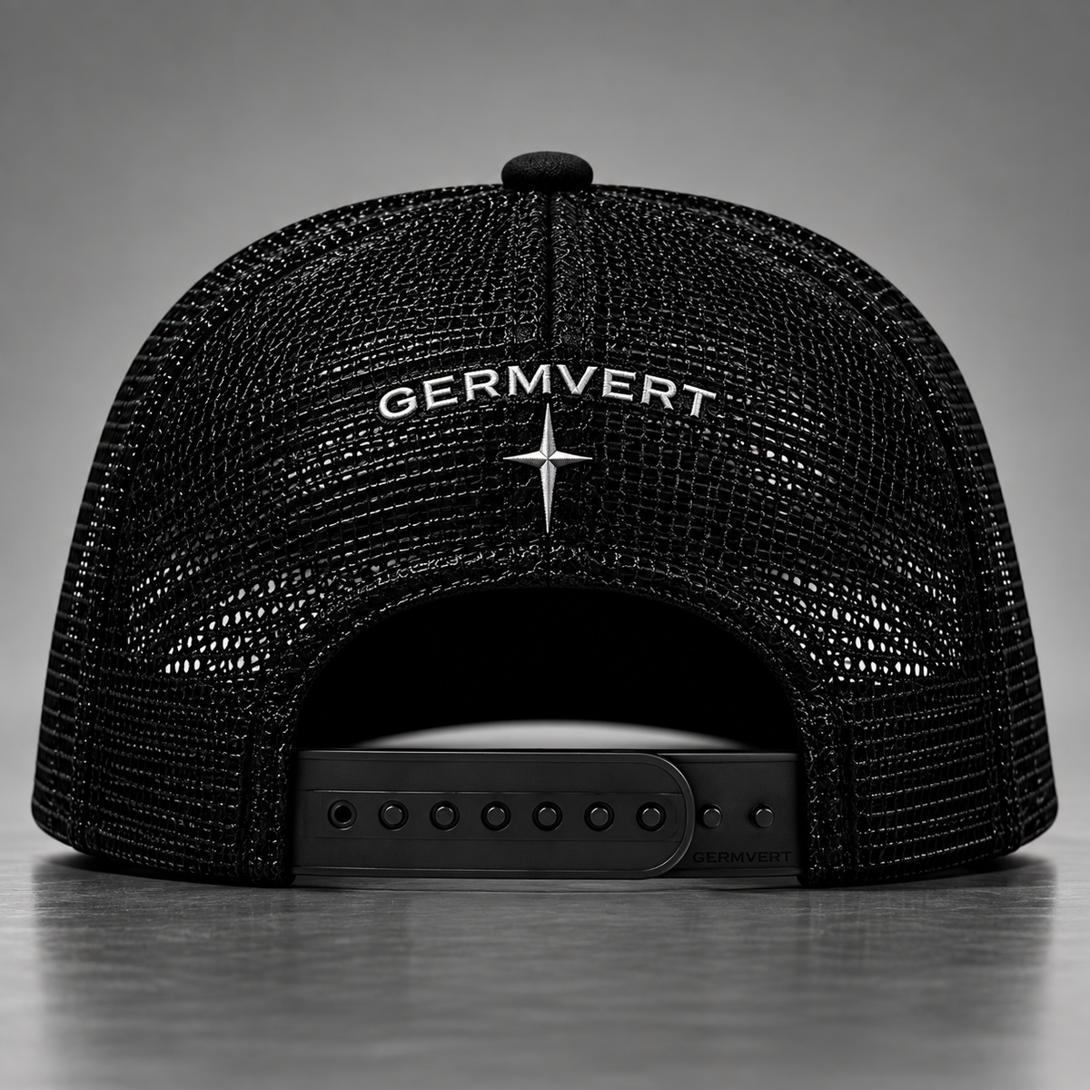GV Trucker Hat — back, GERMVERT wordmark and star mark, black-on-black snapback. Concept render, internal review only.