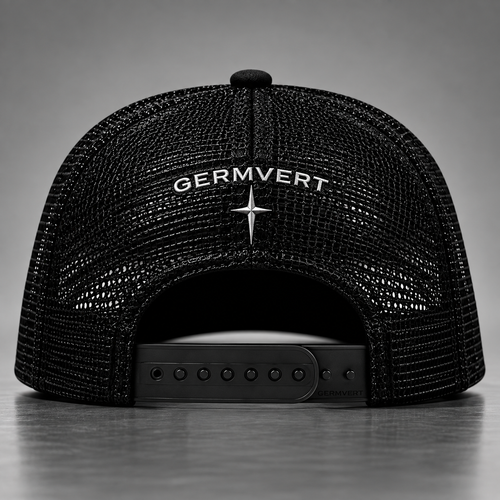 GV Trucker Hat — back, GERMVERT wordmark and star mark, black-on-black snapback. Concept render, internal review only.