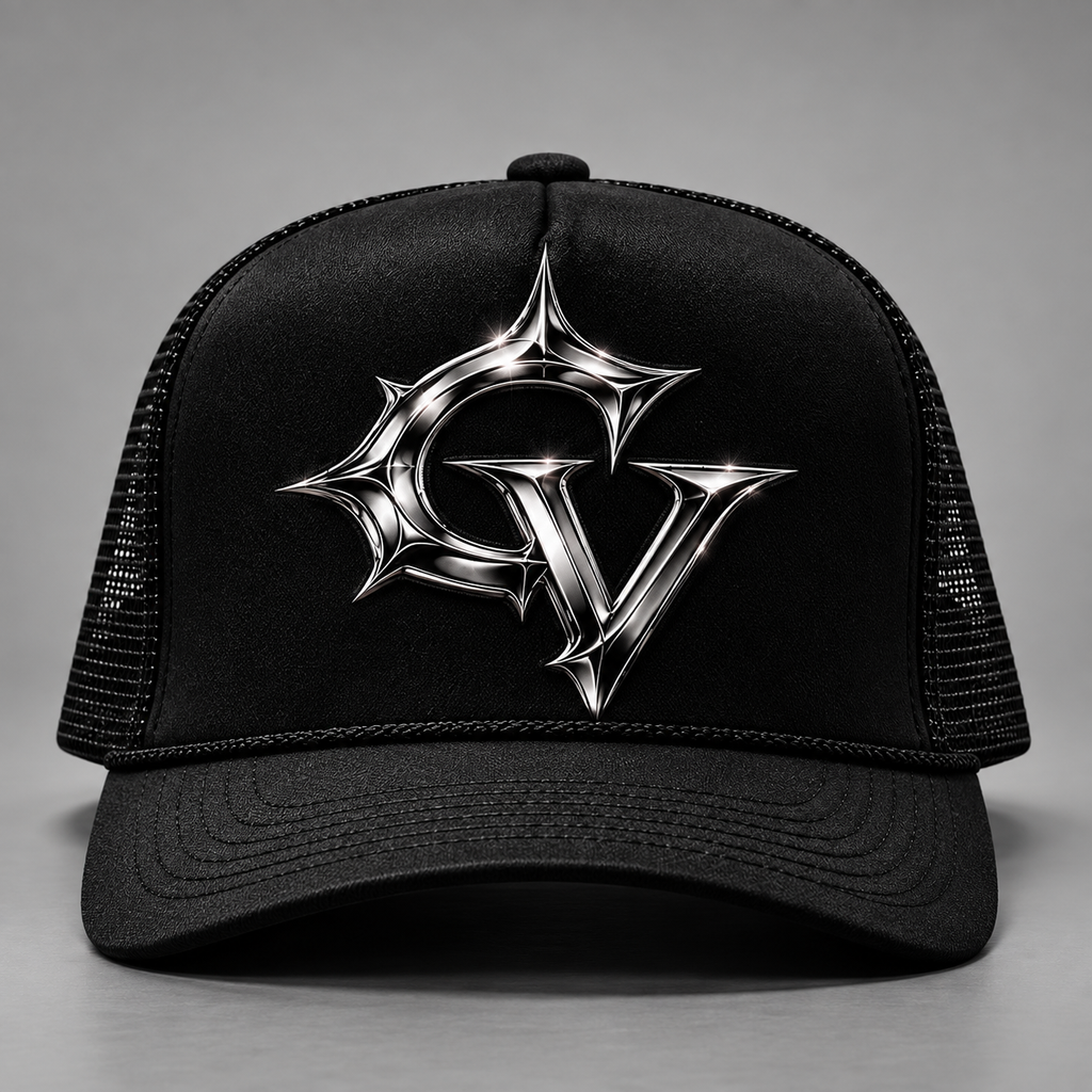 GV Trucker Hat — front, chrome GV emblem on black mesh trucker. Concept render, internal review only.