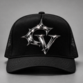 GV Trucker Hat — front, chrome GV emblem on black mesh trucker. Concept render, internal review only.