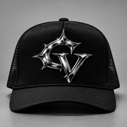 GV Trucker Hat — front, chrome GV emblem on black mesh trucker. Concept render, internal review only.